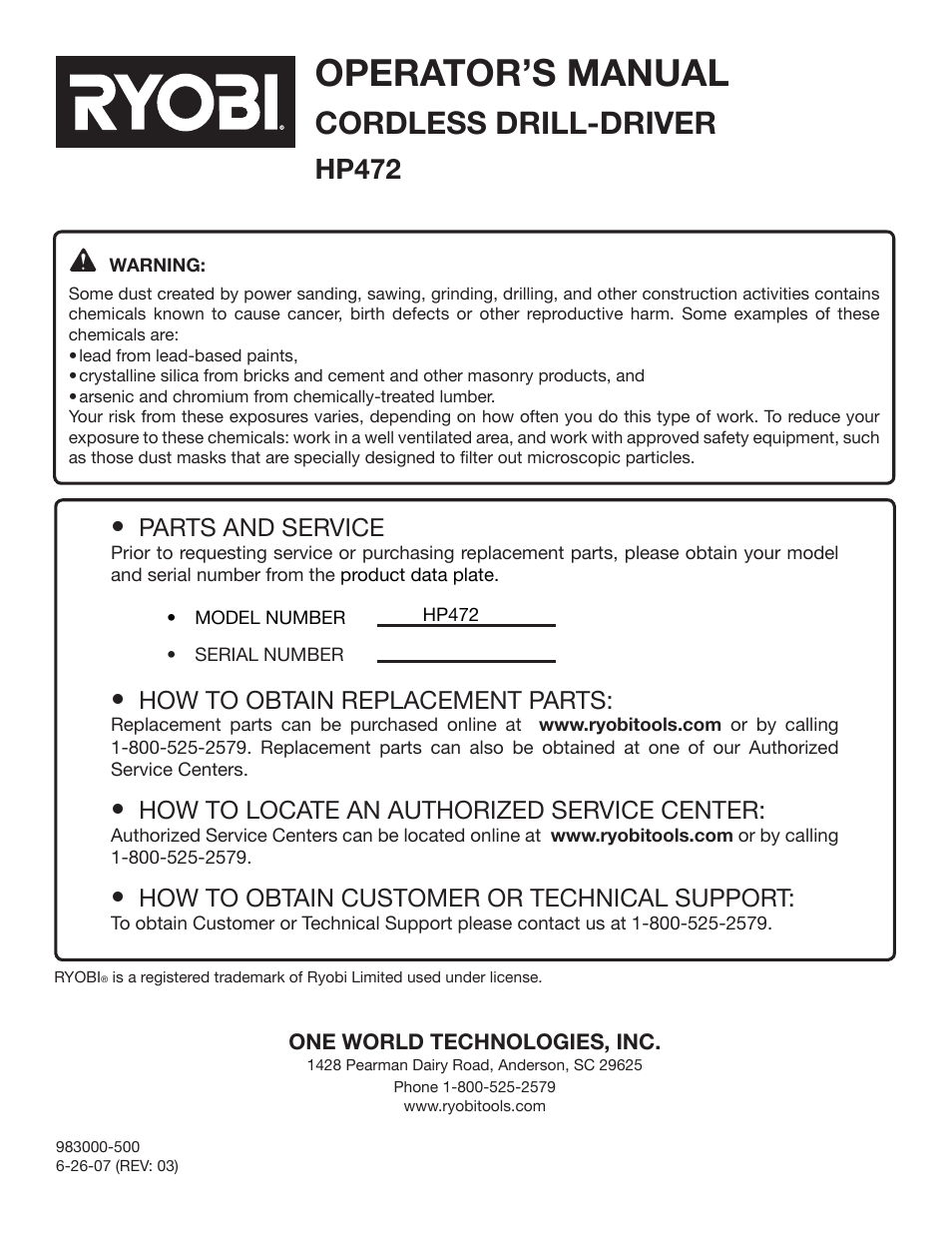 Operator’s manual, Cordless drill-driver, Hp472 | Parts and service, How to obtain replacement parts, How to locate an authorized service center, How to obtain customer or technical support | Ryobi HP4720 User Manual | Page 20 / 20
