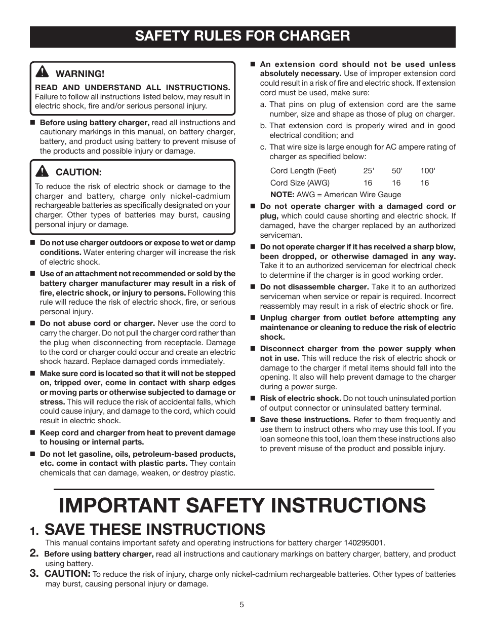 Important safety instructions, Save these instructions, Safety rules for charger | Ryobi HP4720 User Manual | Page 5 / 20