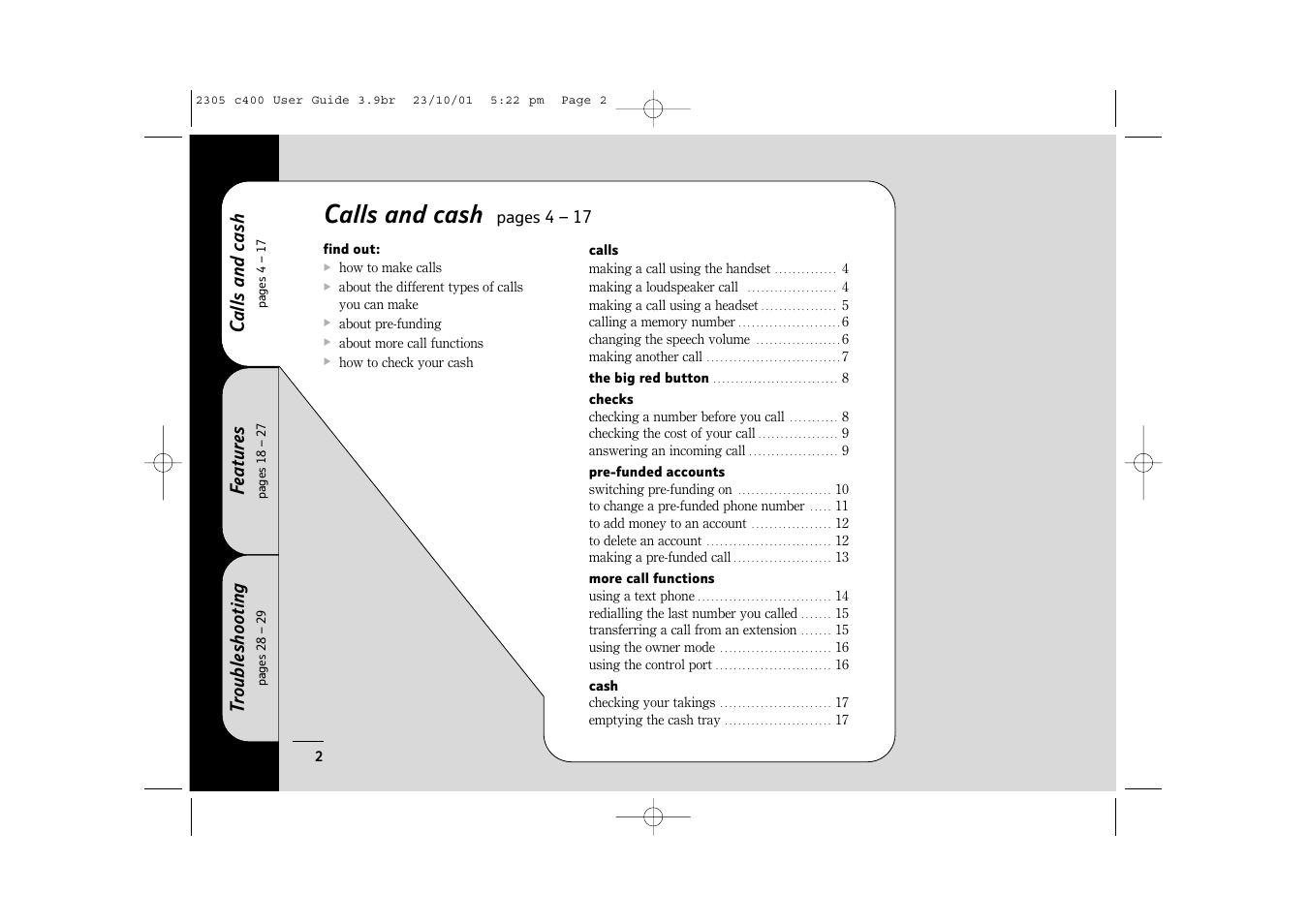 Calls and cash, Features, Troubleshooting | BT 400 User Manual | Page 2 / 36