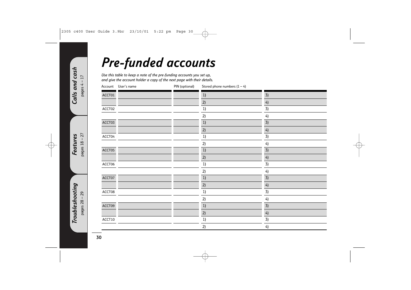 Pre-funded accounts, Features, Calls and cash | Troubleshooting | BT 400 User Manual | Page 30 / 36