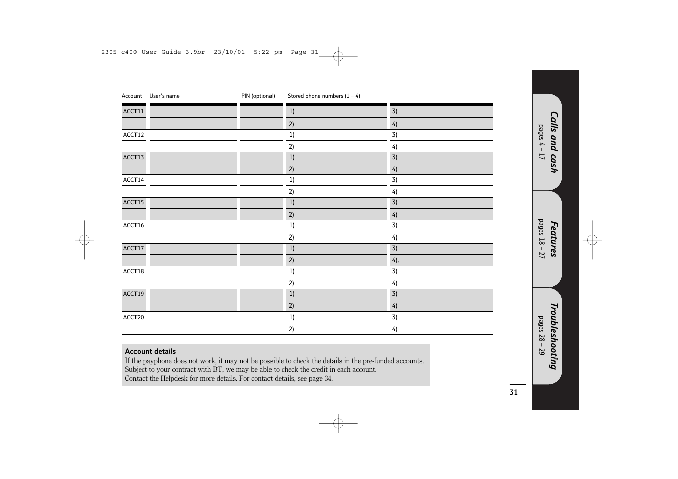 Features, Troubleshooting, Calls and cash | BT 400 User Manual | Page 31 / 36