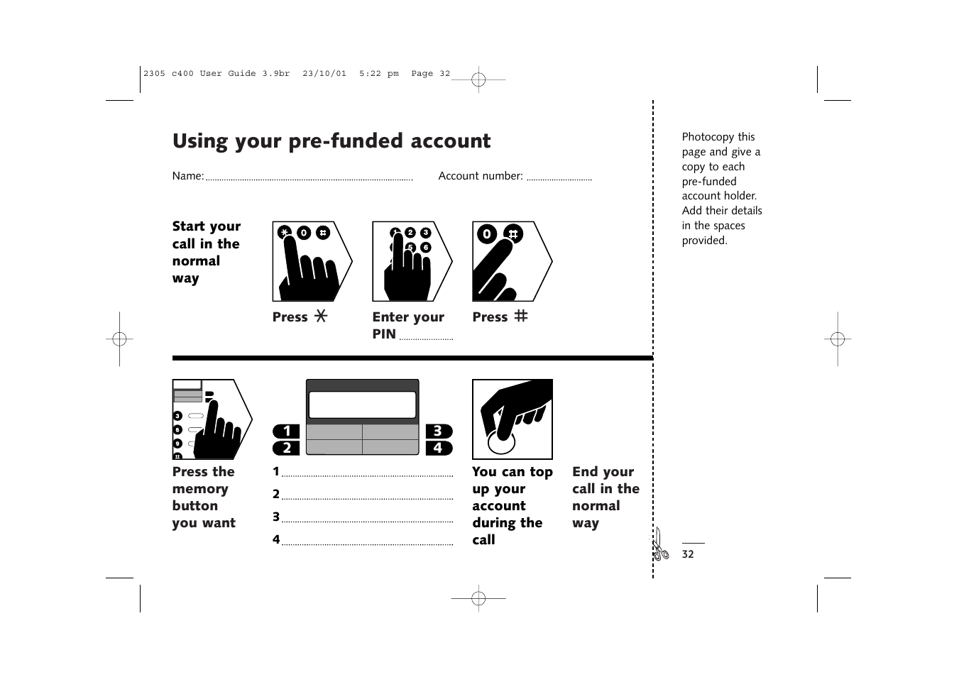 Using your pre-funded account | BT 400 User Manual | Page 32 / 36