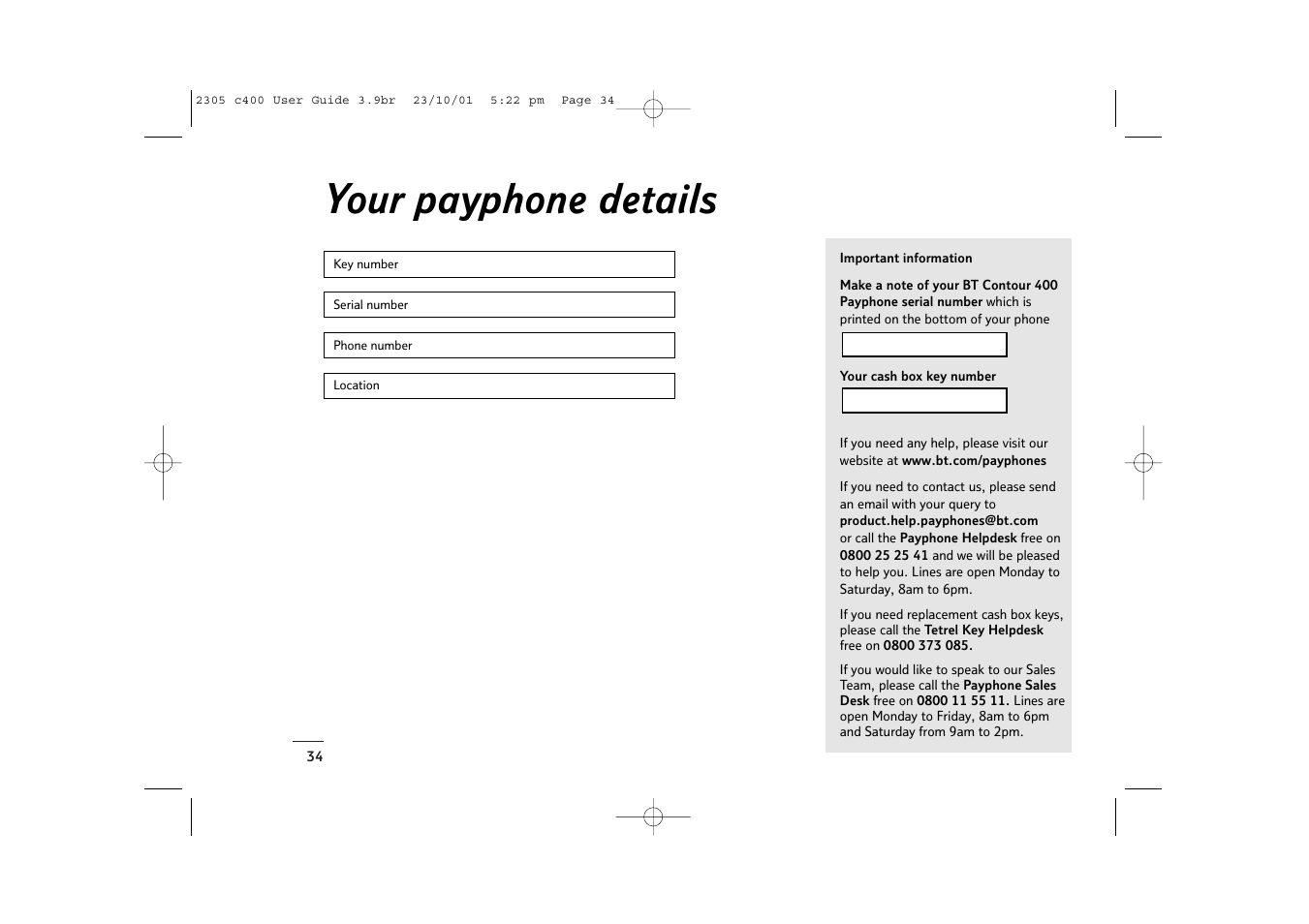 Your payphone details | BT 400 User Manual | Page 34 / 36