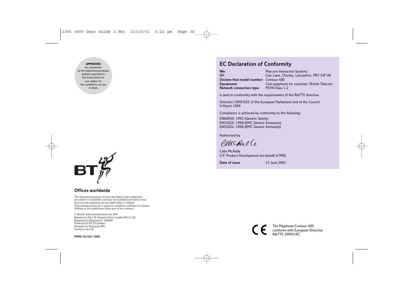 Ec declaration of conformity | BT 400 User Manual | Page 36 / 36