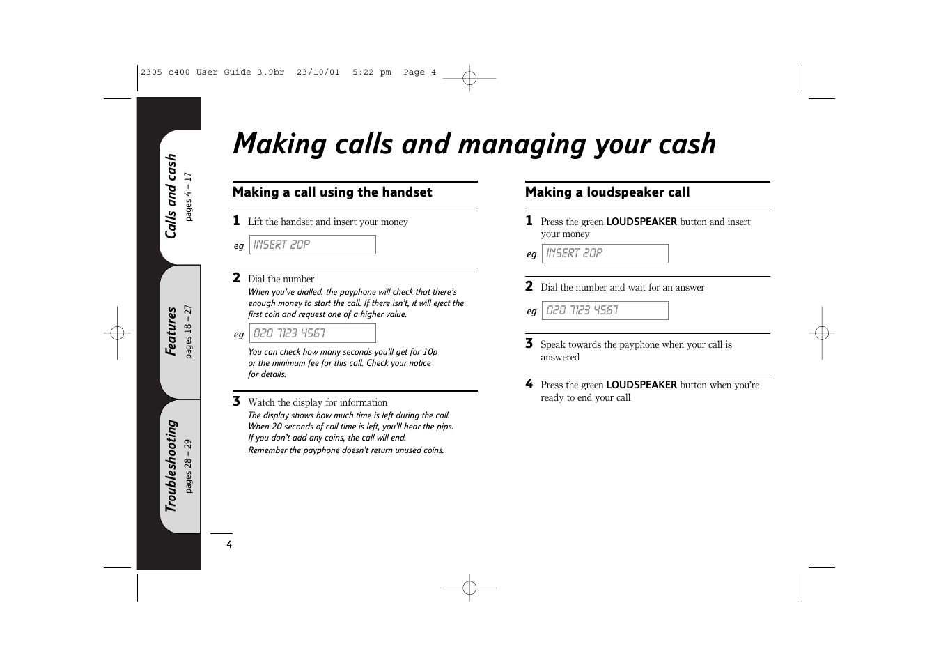 Making calls and managing your cash | BT 400 User Manual | Page 4 / 36