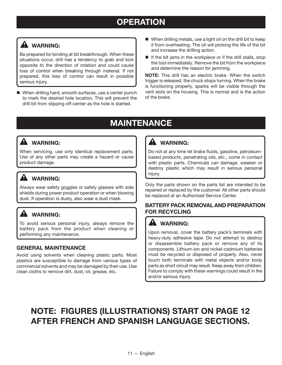 Operation, Maintenance | Ryobi P201 User Manual | Page 11 / 36