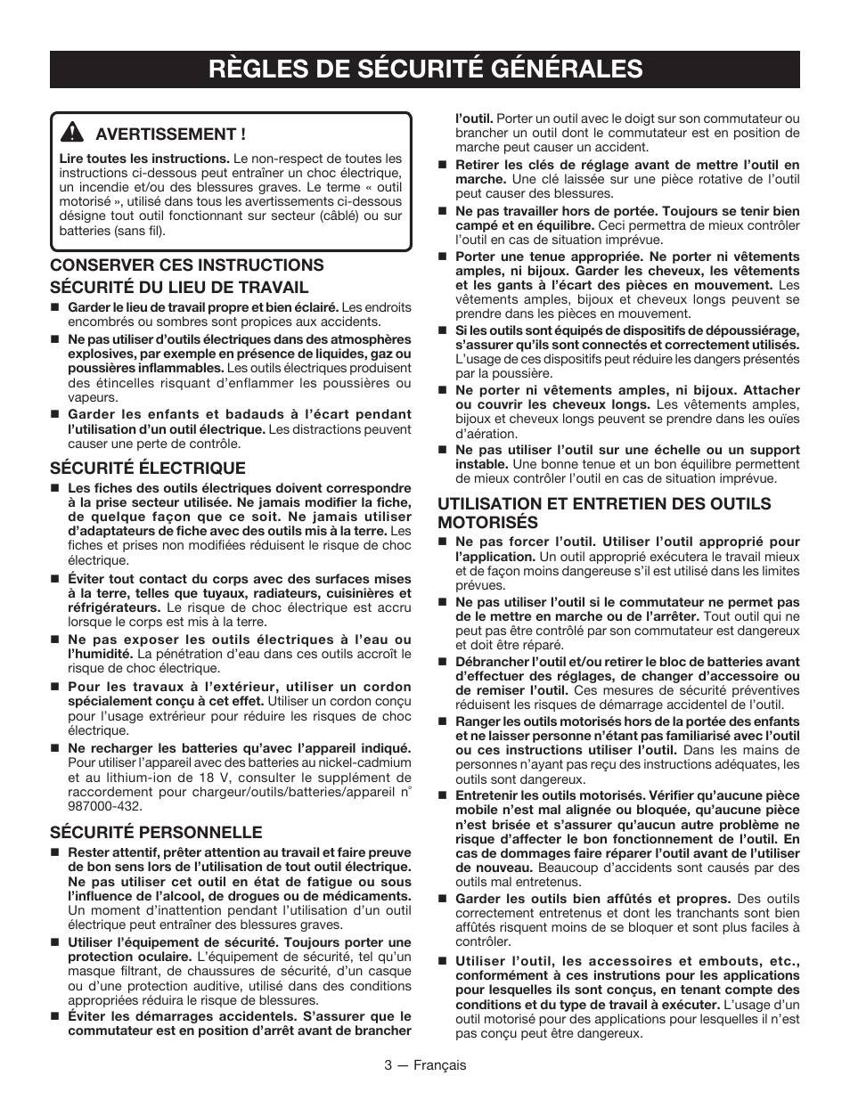 Règles de sécurité générales, Avertissement, Sécurité électrique | Sécurité personnelle, Utilisation et entretien des outils motorisés | Ryobi P201 User Manual | Page 13 / 36