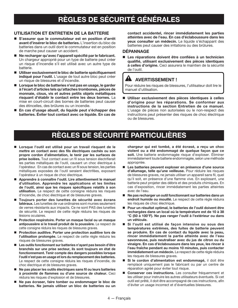 Avertissement | Ryobi P201 User Manual | Page 14 / 36