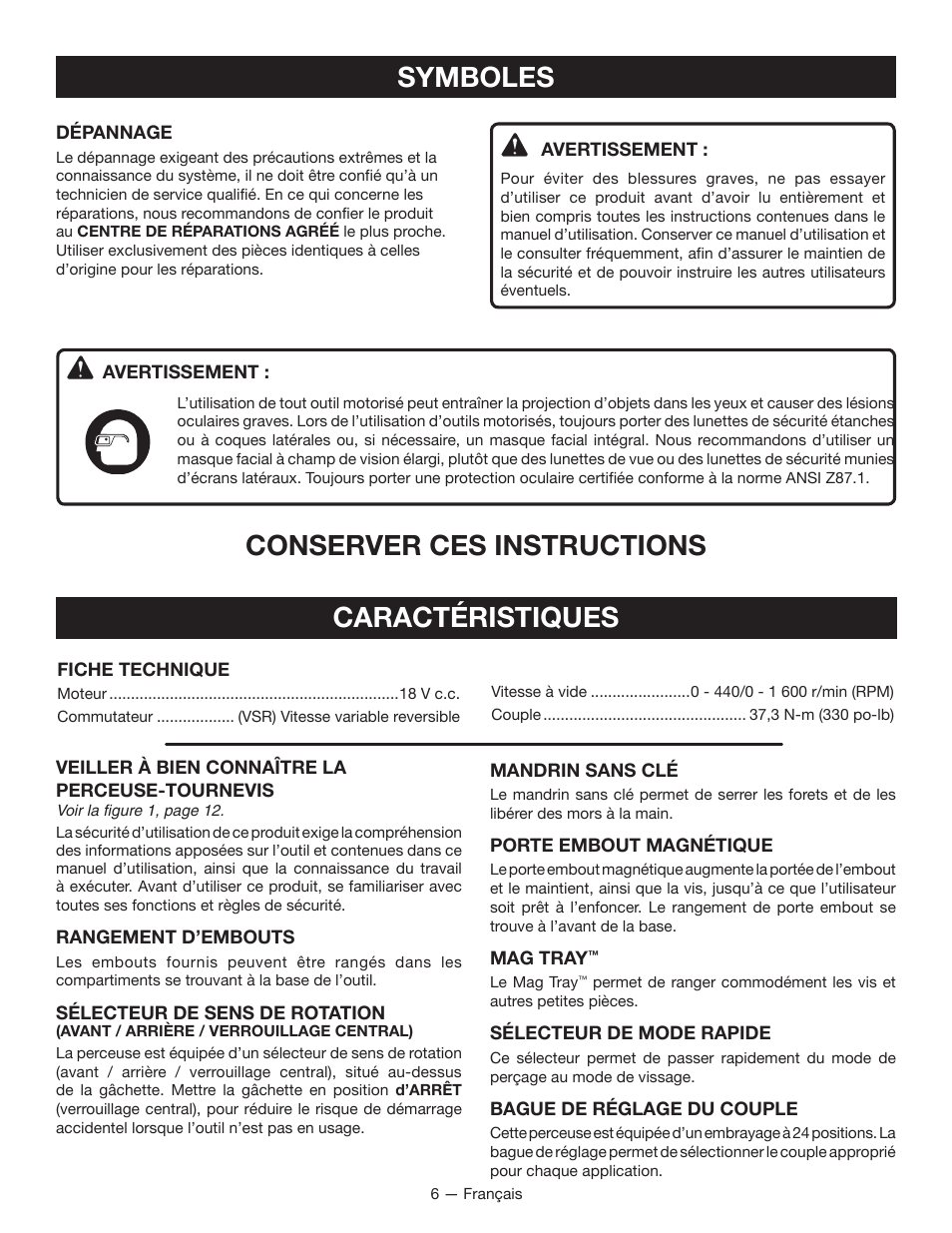 Symboles, Conserver ces instructions caractéristiques | Ryobi P201 User Manual | Page 16 / 36