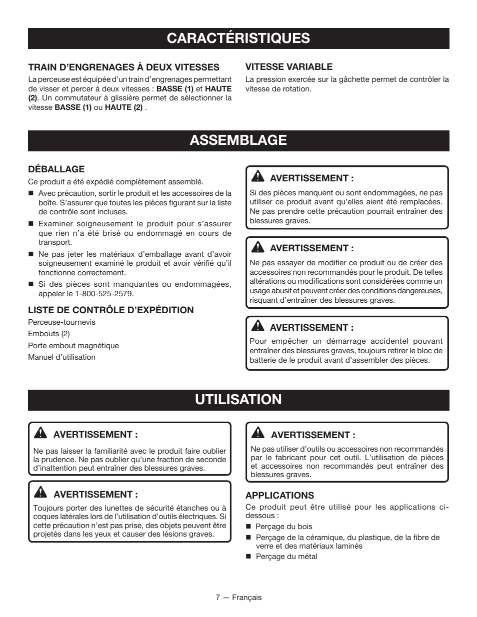 Caractéristiques, Assemblage, Utilisation | Ryobi P201 User Manual | Page 17 / 36