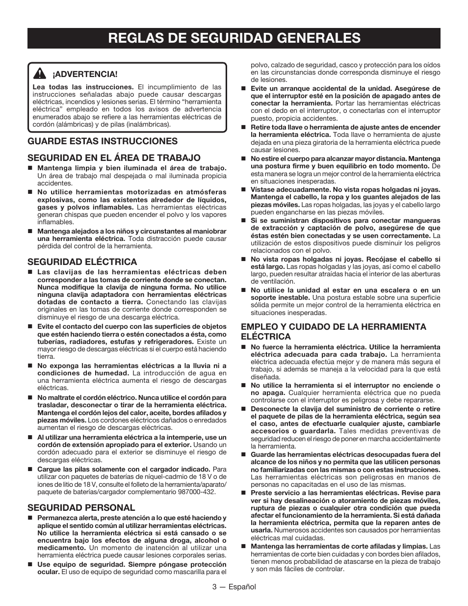 Reglas de seguridad generales, Seguridad eléctrica, Seguridad personal | Ryobi P201 User Manual | Page 23 / 36