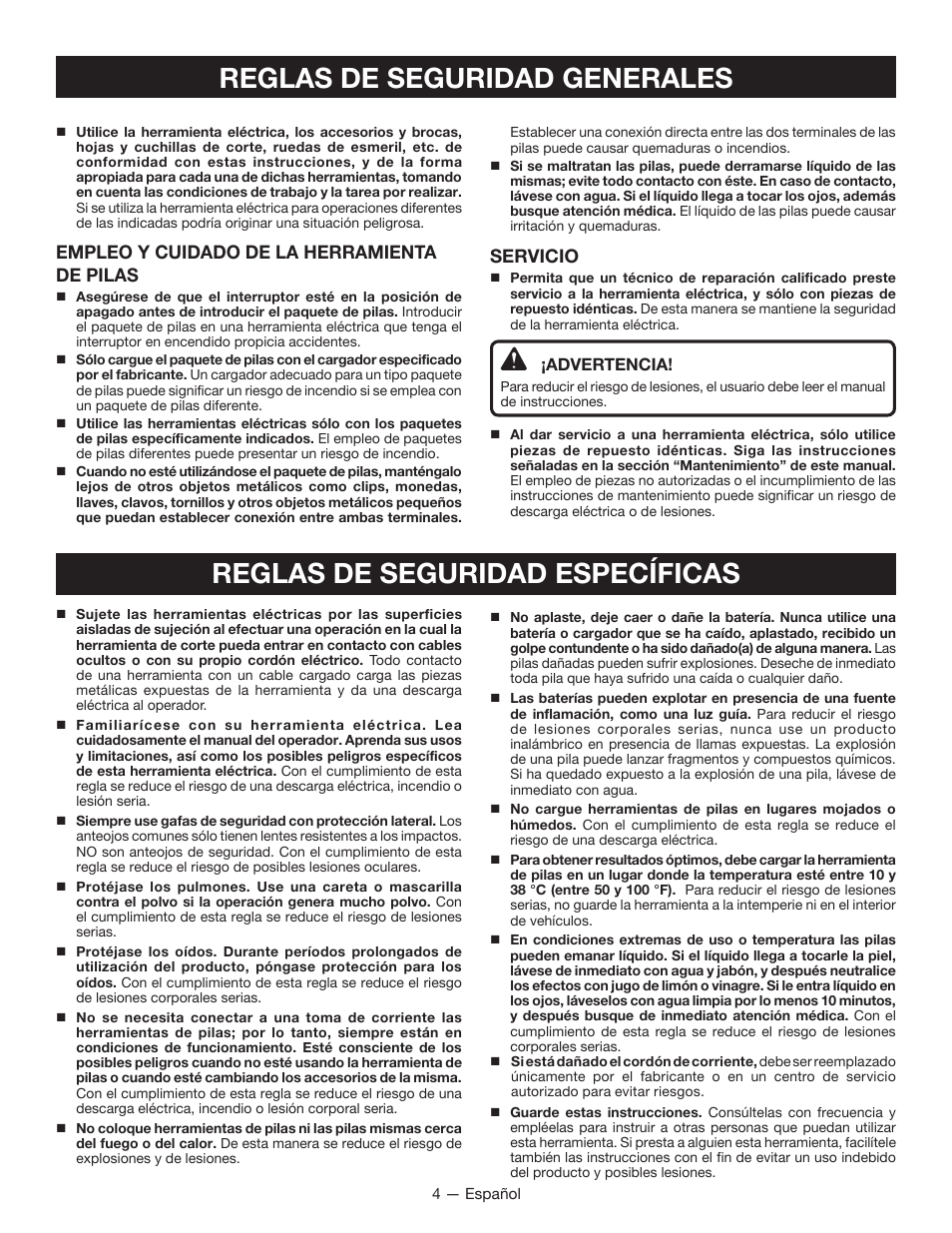 Empleo y cuidado de la herramienta de pilas, Servicio | Ryobi P201 User Manual | Page 24 / 36