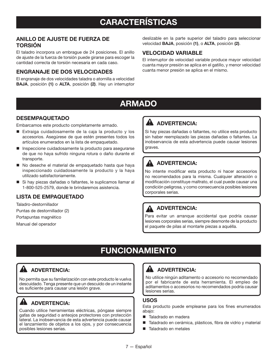 Características, Armado, Funcionamiento | Ryobi P201 User Manual | Page 27 / 36