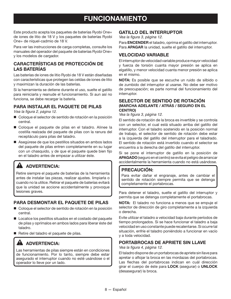 Funcionamiento | Ryobi P201 User Manual | Page 28 / 36