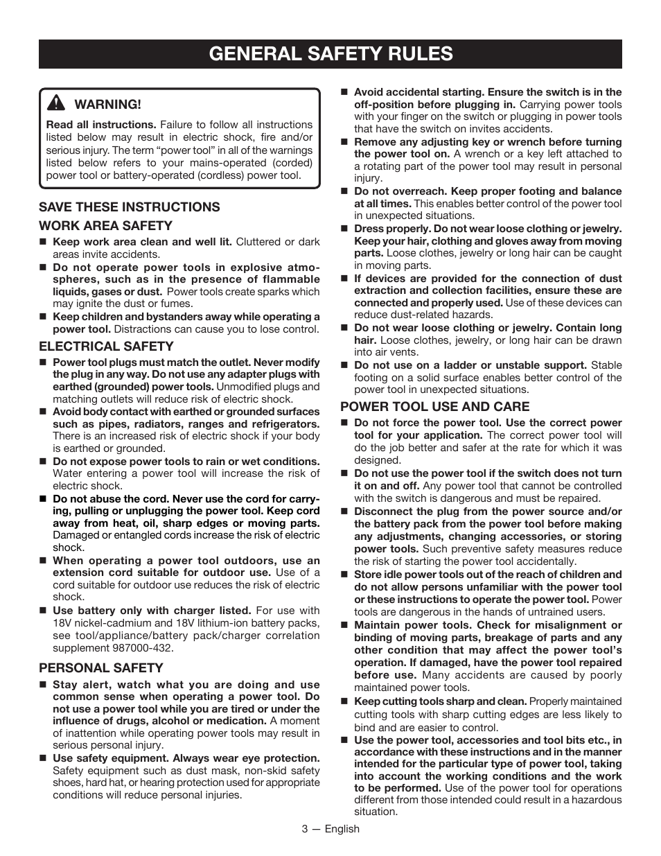 General safety rules | Ryobi P201 User Manual | Page 3 / 36