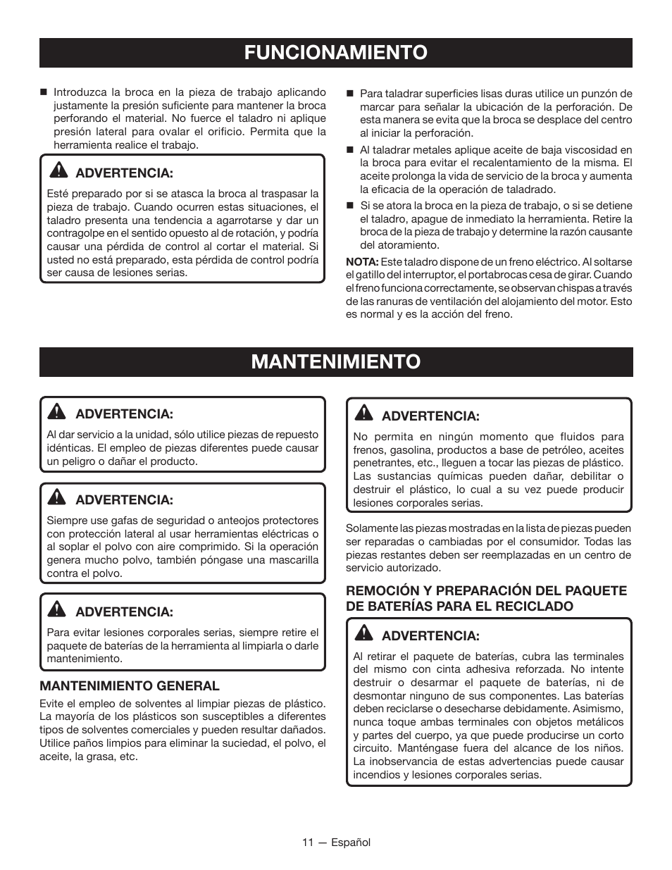 Funcionamiento, Mantenimiento | Ryobi P201 User Manual | Page 31 / 36