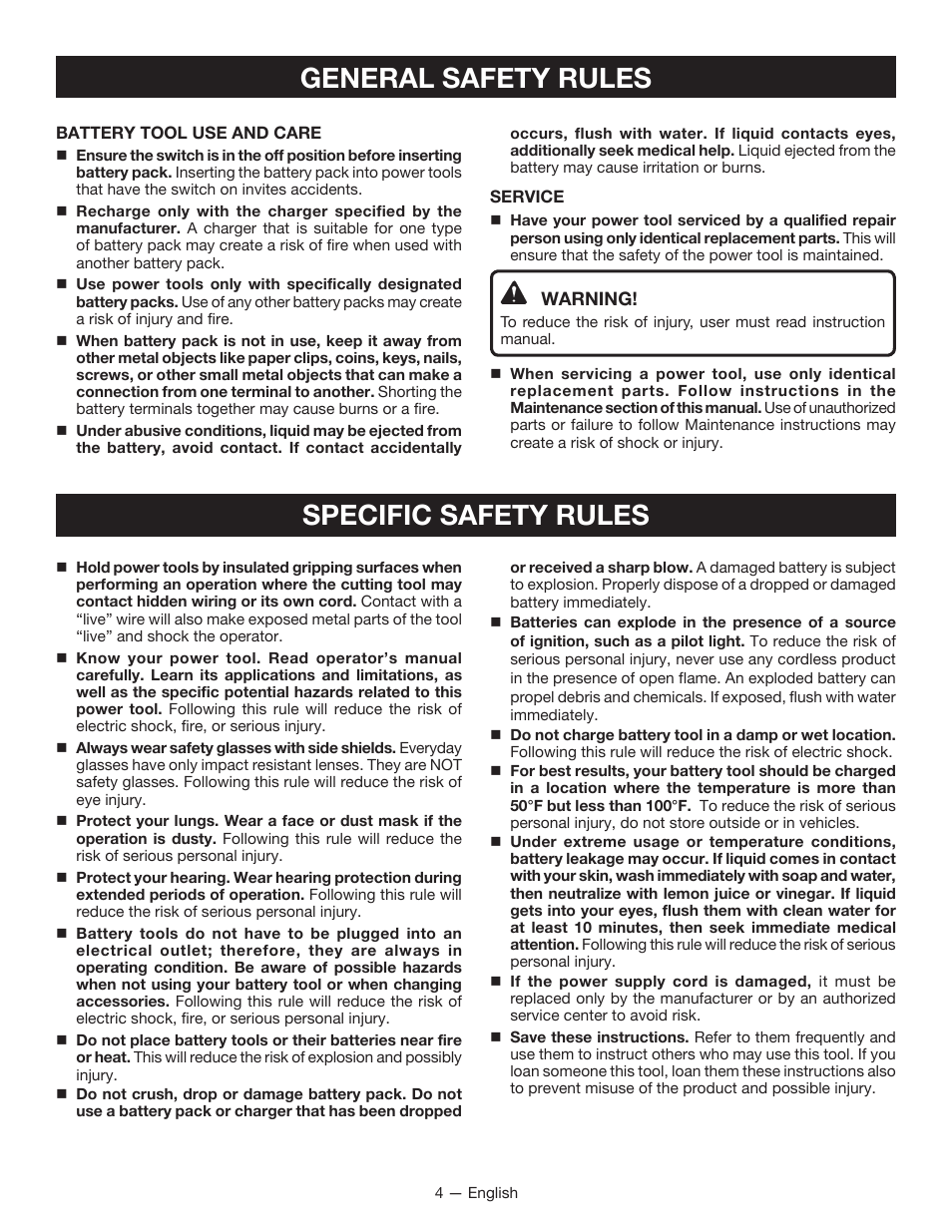 General safety rules specific safety rules | Ryobi P201 User Manual | Page 4 / 36