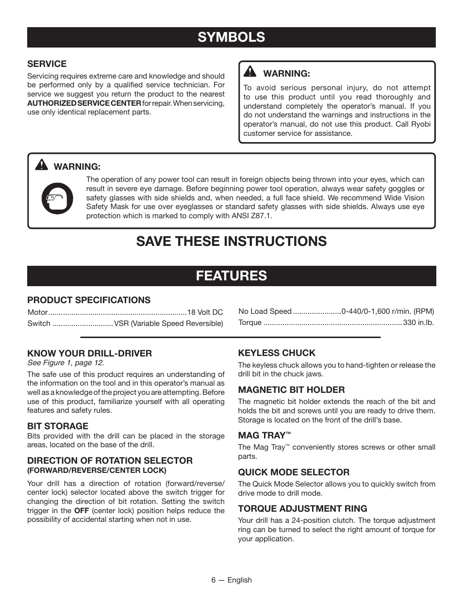 Symbols, Save these instructions, Features | Ryobi P201 User Manual | Page 6 / 36