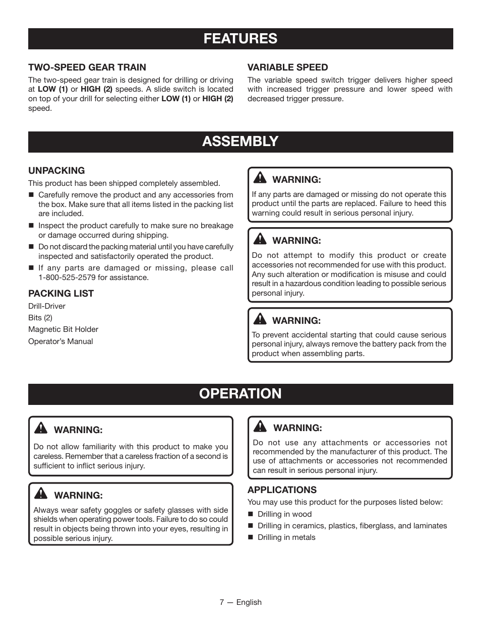 Features assembly, Operation | Ryobi P201 User Manual | Page 7 / 36