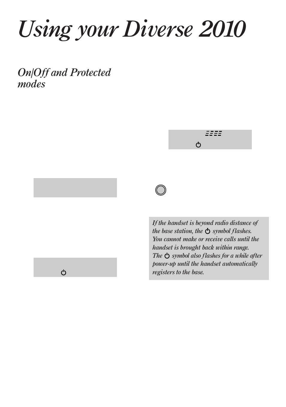 Using your diverse 2010, On/off and protected modes | BT Diverse 2010 User Manual | Page 13 / 40