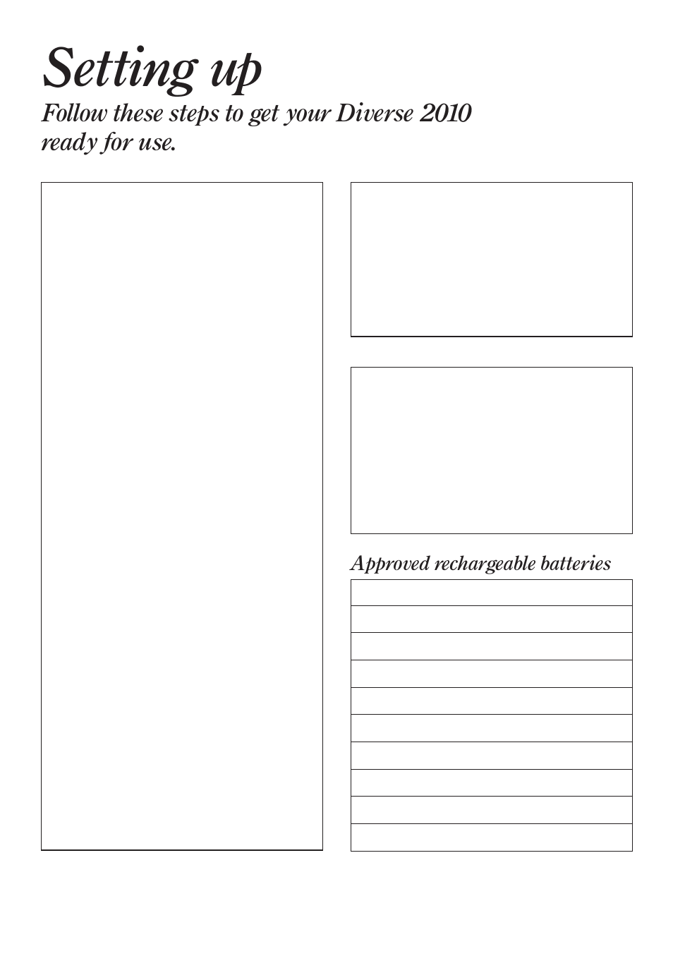 Setting up, Approved rechargeable batteries | BT Diverse 2010 User Manual | Page 8 / 40