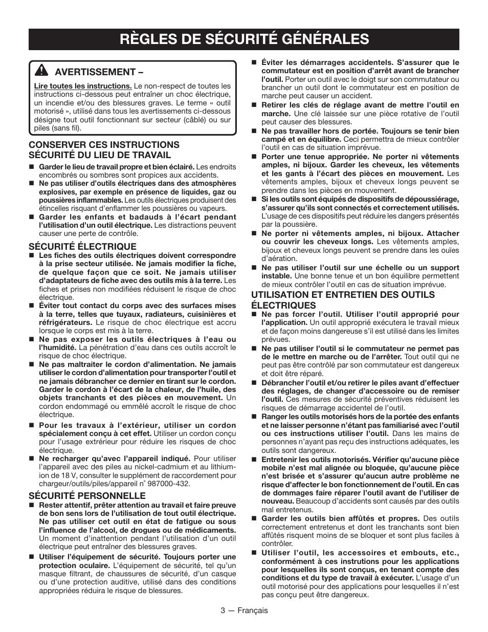 Règles de sécurité générales, Avertissement | Ryobi P202B User Manual | Page 12 / 32