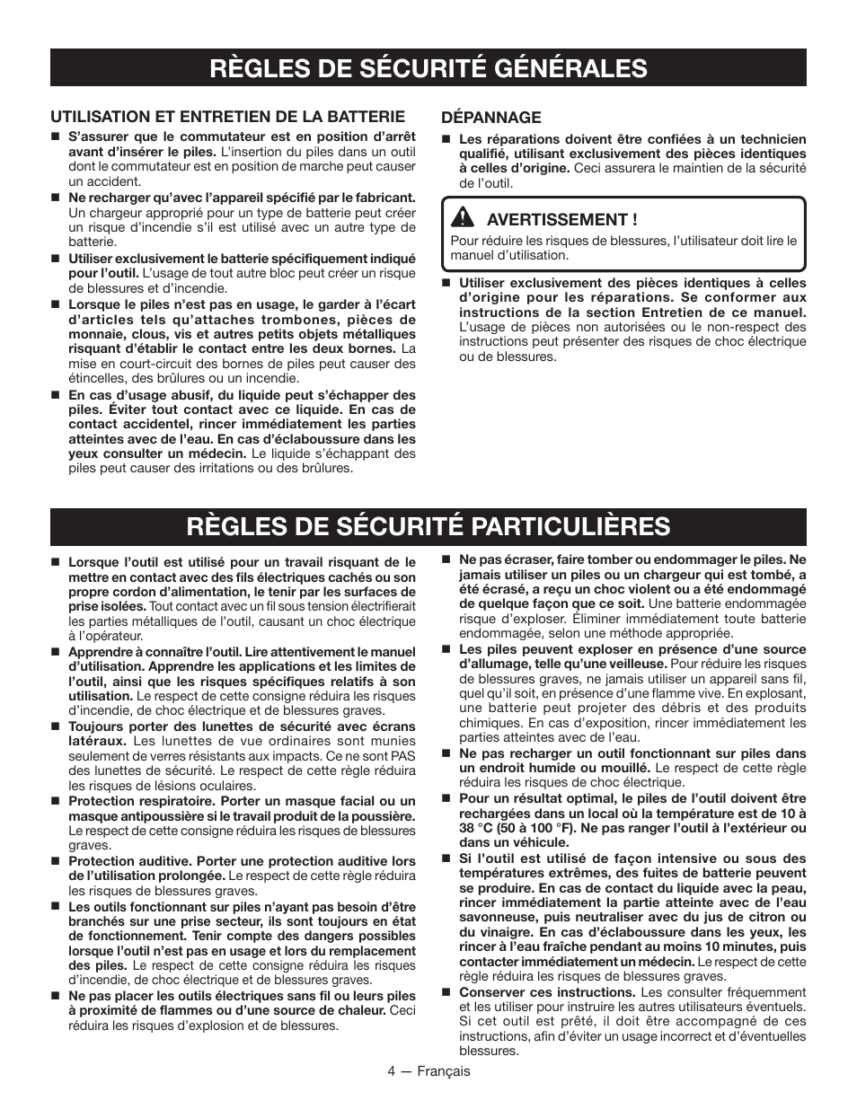 Avertissement | Ryobi P202B User Manual | Page 13 / 32