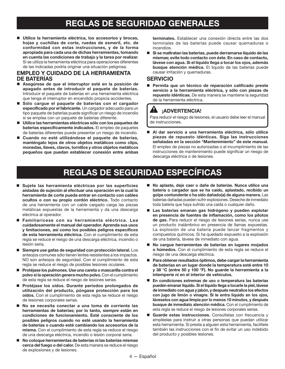 Empleo y cuidado de la herramienta de baterías, Servicio | Ryobi P202B User Manual | Page 22 / 32