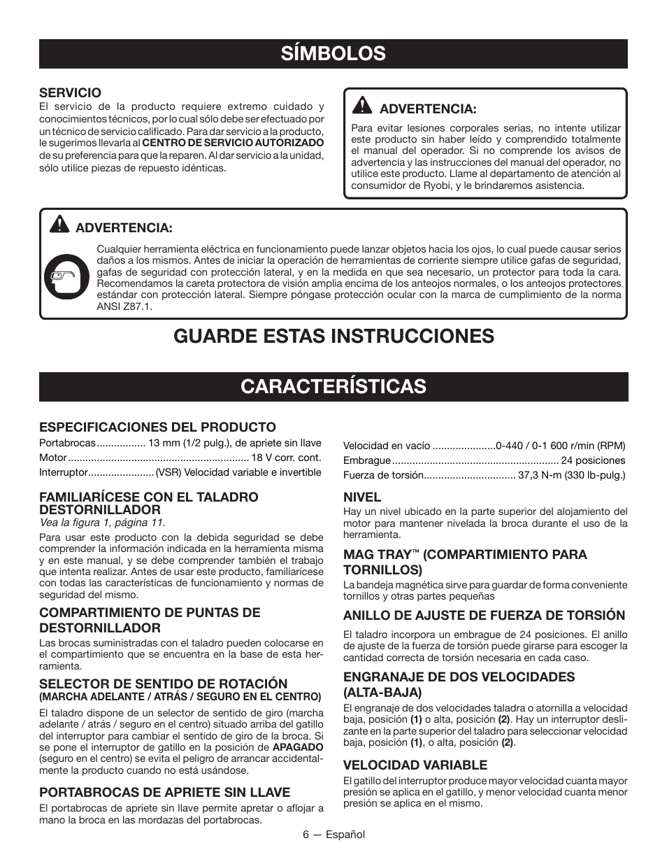 Símbolos, Guarde estas instrucciones, Características | Ryobi P202B User Manual | Page 24 / 32
