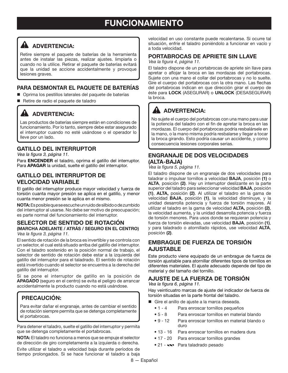 Funcionamiento | Ryobi P202B User Manual | Page 26 / 32