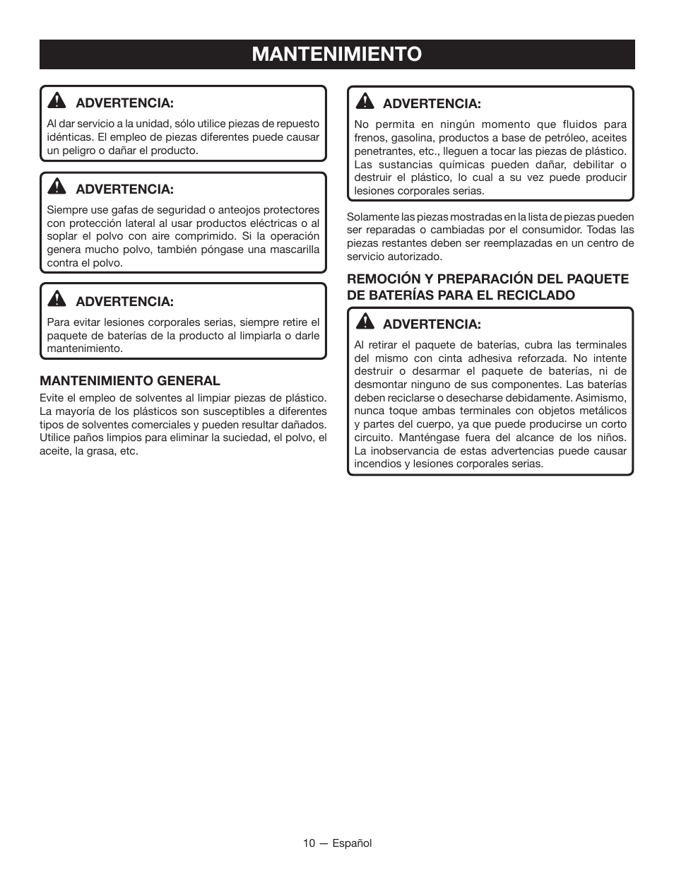 Mantenimiento | Ryobi P202B User Manual | Page 28 / 32