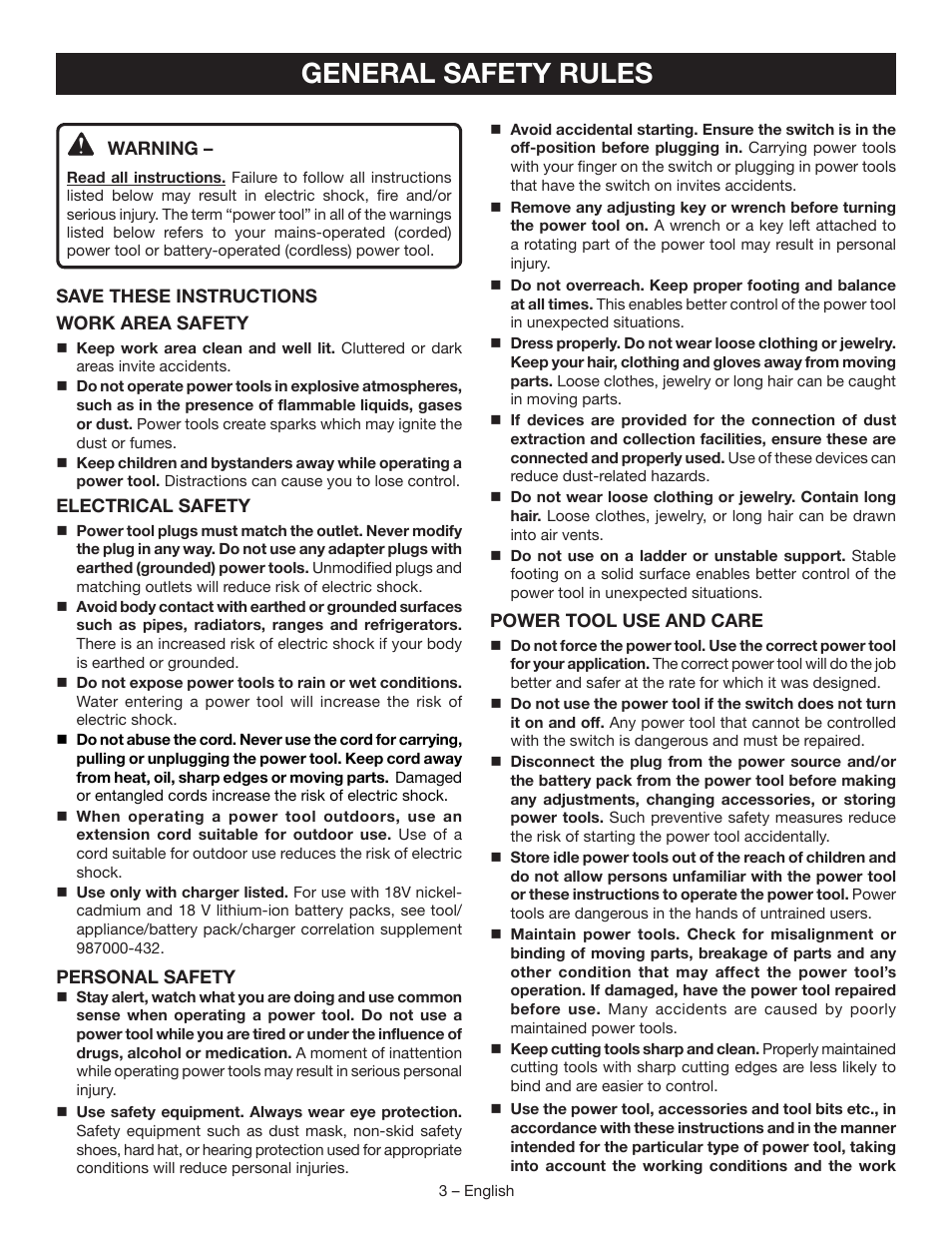 General safety rules | Ryobi P202B User Manual | Page 3 / 32