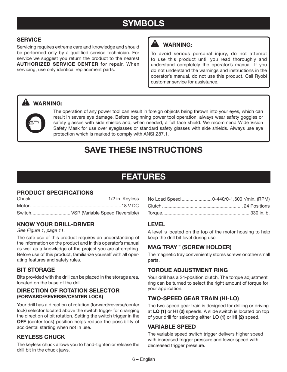 Symbols, Save these instructions, Features | Ryobi P202B User Manual | Page 6 / 32