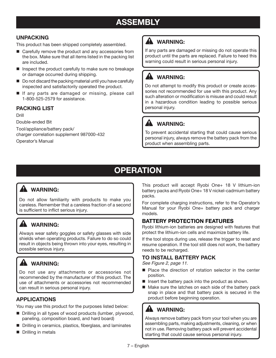 Assembly, Operation | Ryobi P202B User Manual | Page 7 / 32