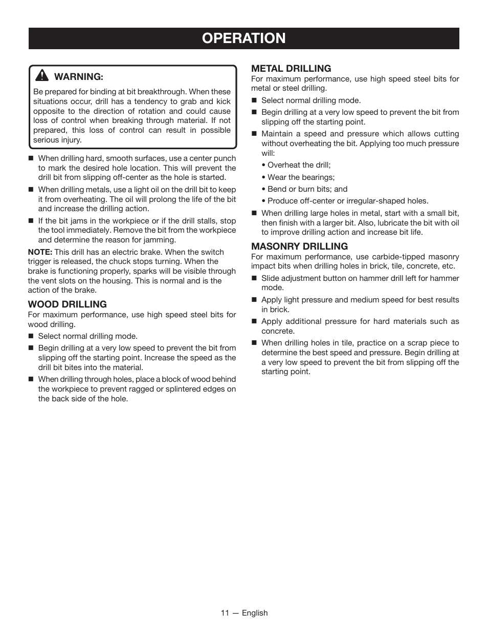 Operation | Ryobi P211 User Manual | Page 11 / 40