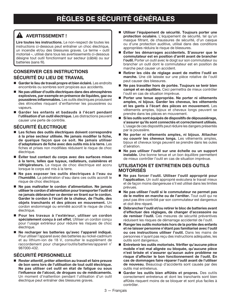 Règles de sécurité générales, Avertissement, Sécurité électrique | Sécurité personnelle, Utilisation et entretien des outils motorisés | Ryobi P211 User Manual | Page 14 / 40