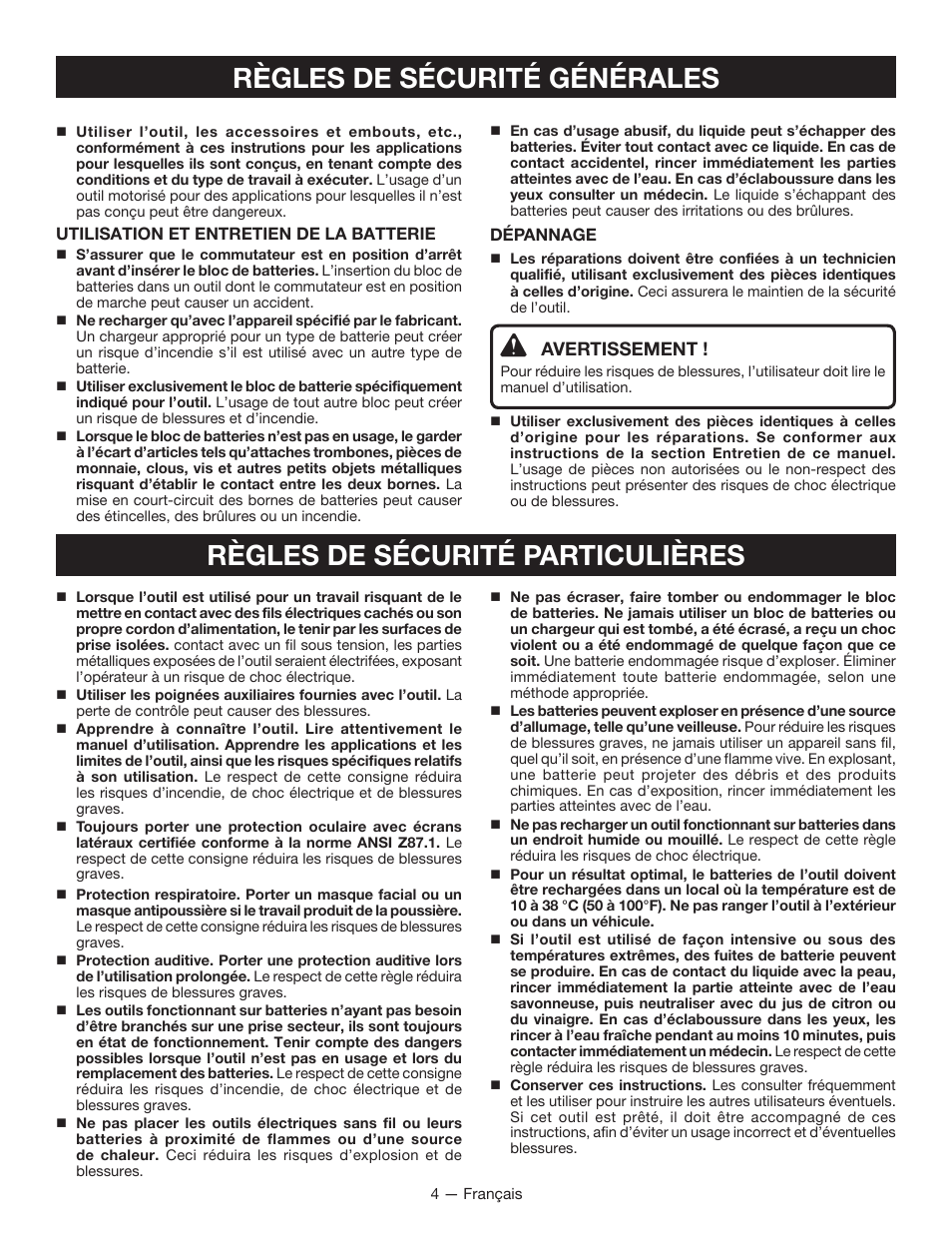 Avertissement | Ryobi P211 User Manual | Page 15 / 40