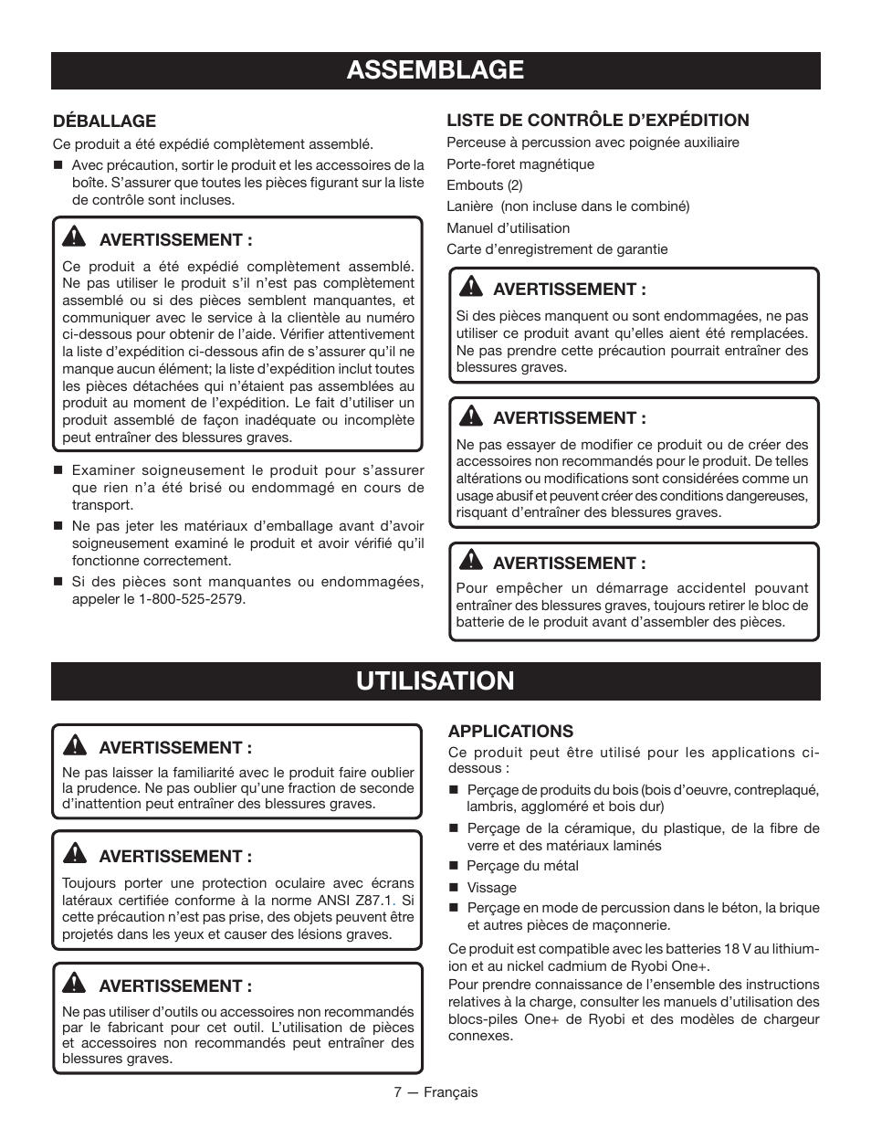 Assemblage, Utilisation | Ryobi P211 User Manual | Page 18 / 40