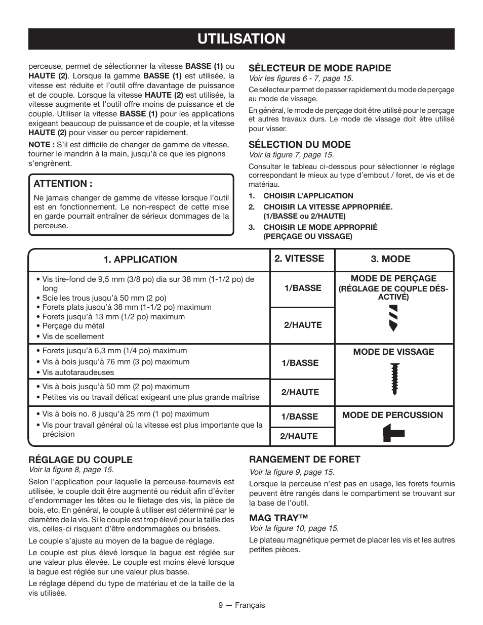 Utilisation | Ryobi P211 User Manual | Page 20 / 40