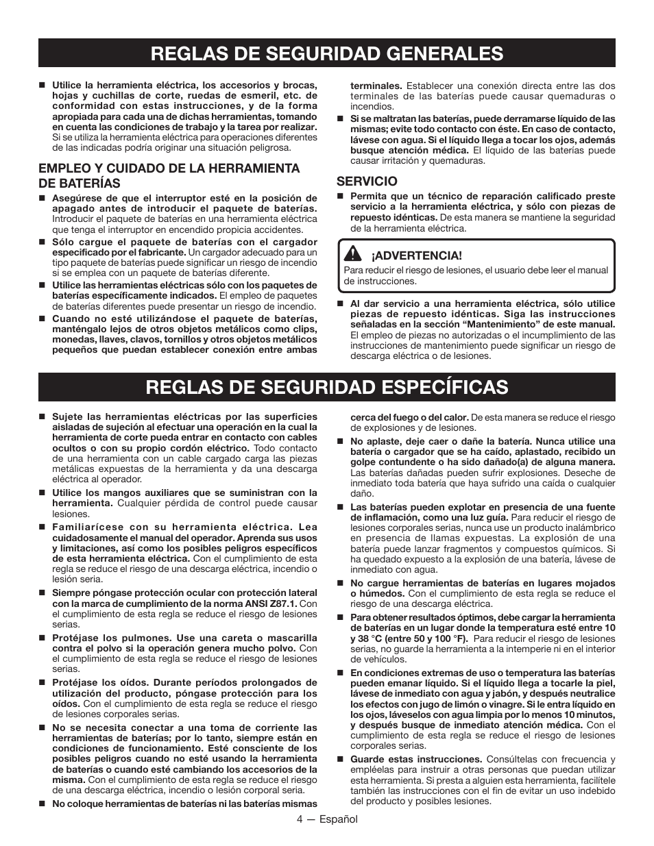 Empleo y cuidado de la herramienta de baterías, Servicio | Ryobi P211 User Manual | Page 26 / 40