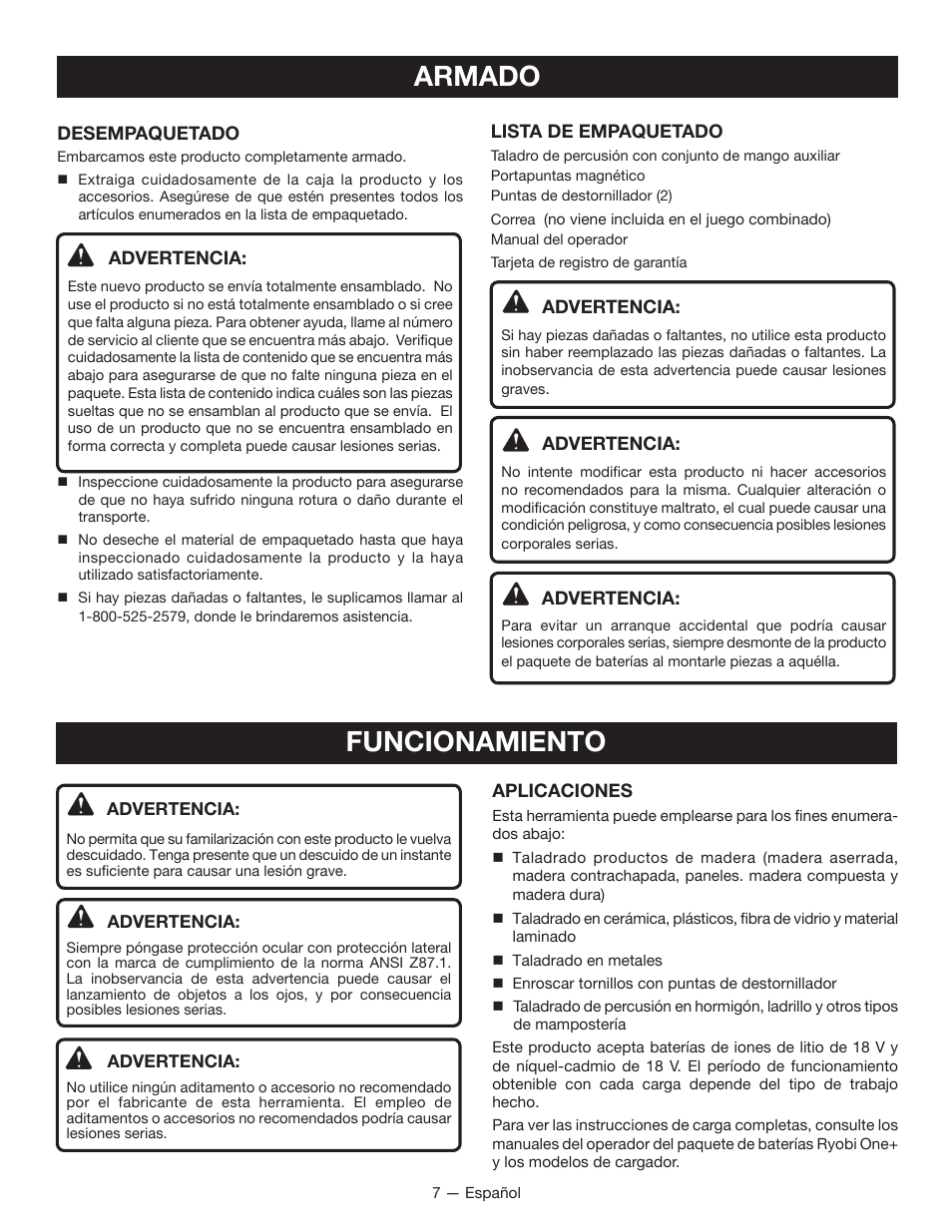 Armado, Funcionamiento | Ryobi P211 User Manual | Page 29 / 40