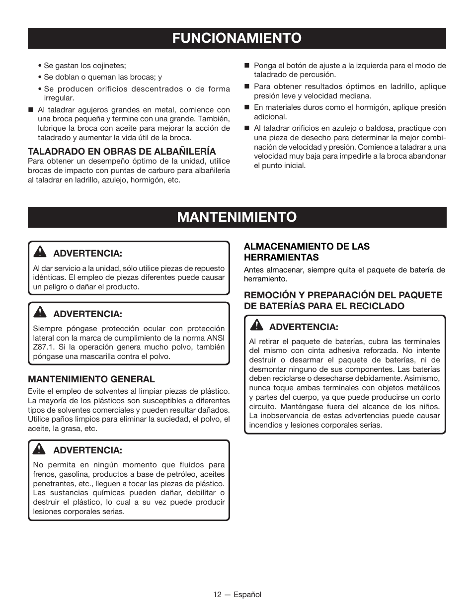 Funcionamiento, Mantenimiento | Ryobi P211 User Manual | Page 34 / 40