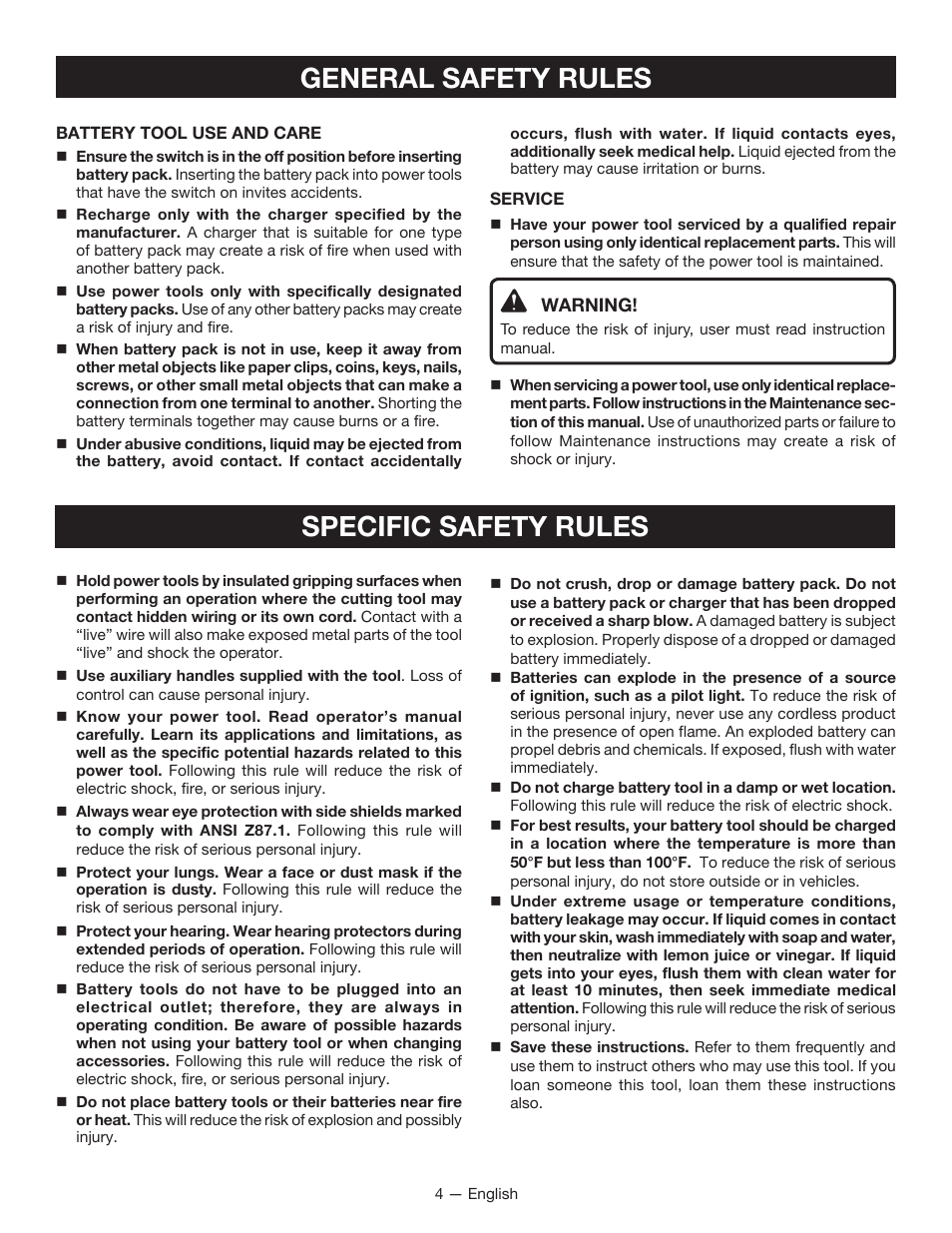 General safety rules specific safety rules | Ryobi P211 User Manual | Page 4 / 40