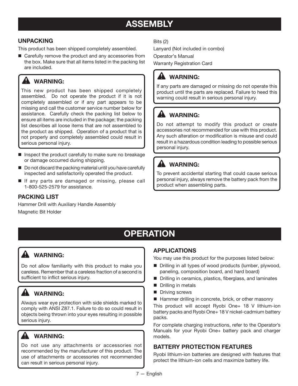 Assembly, Operation | Ryobi P211 User Manual | Page 7 / 40