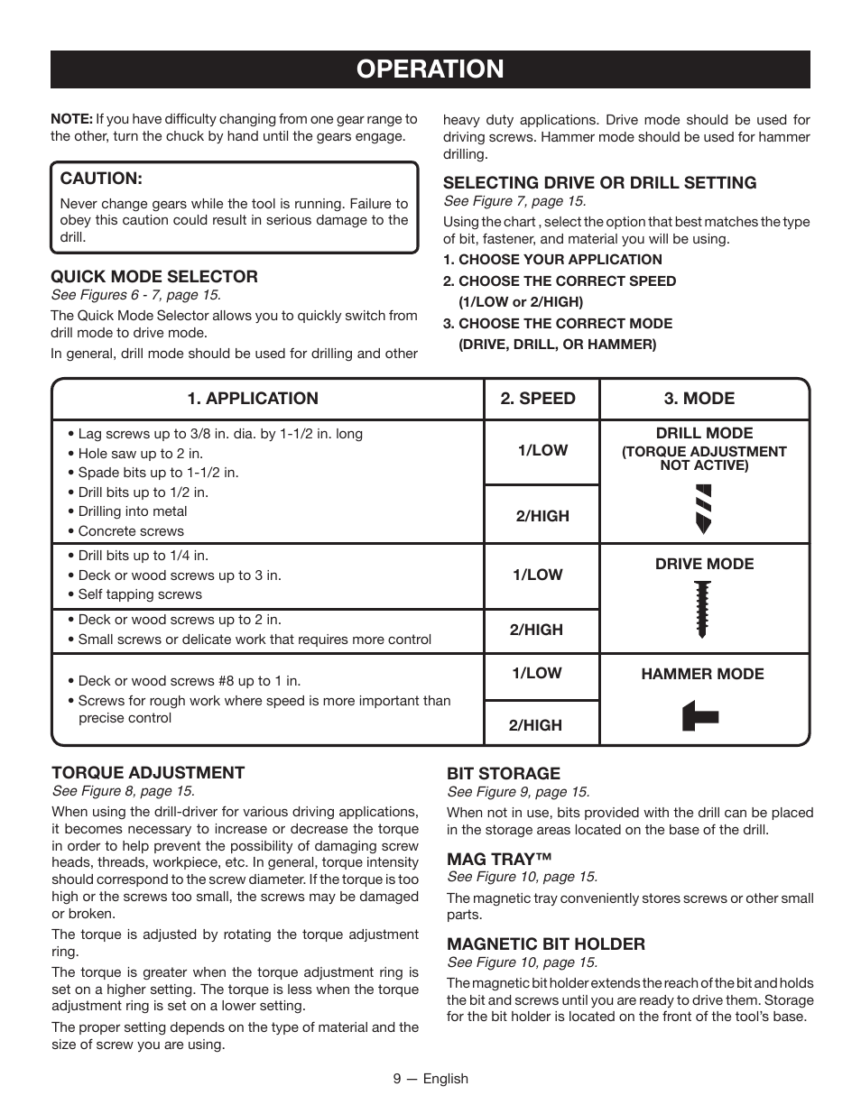 Operation | Ryobi P211 User Manual | Page 9 / 40