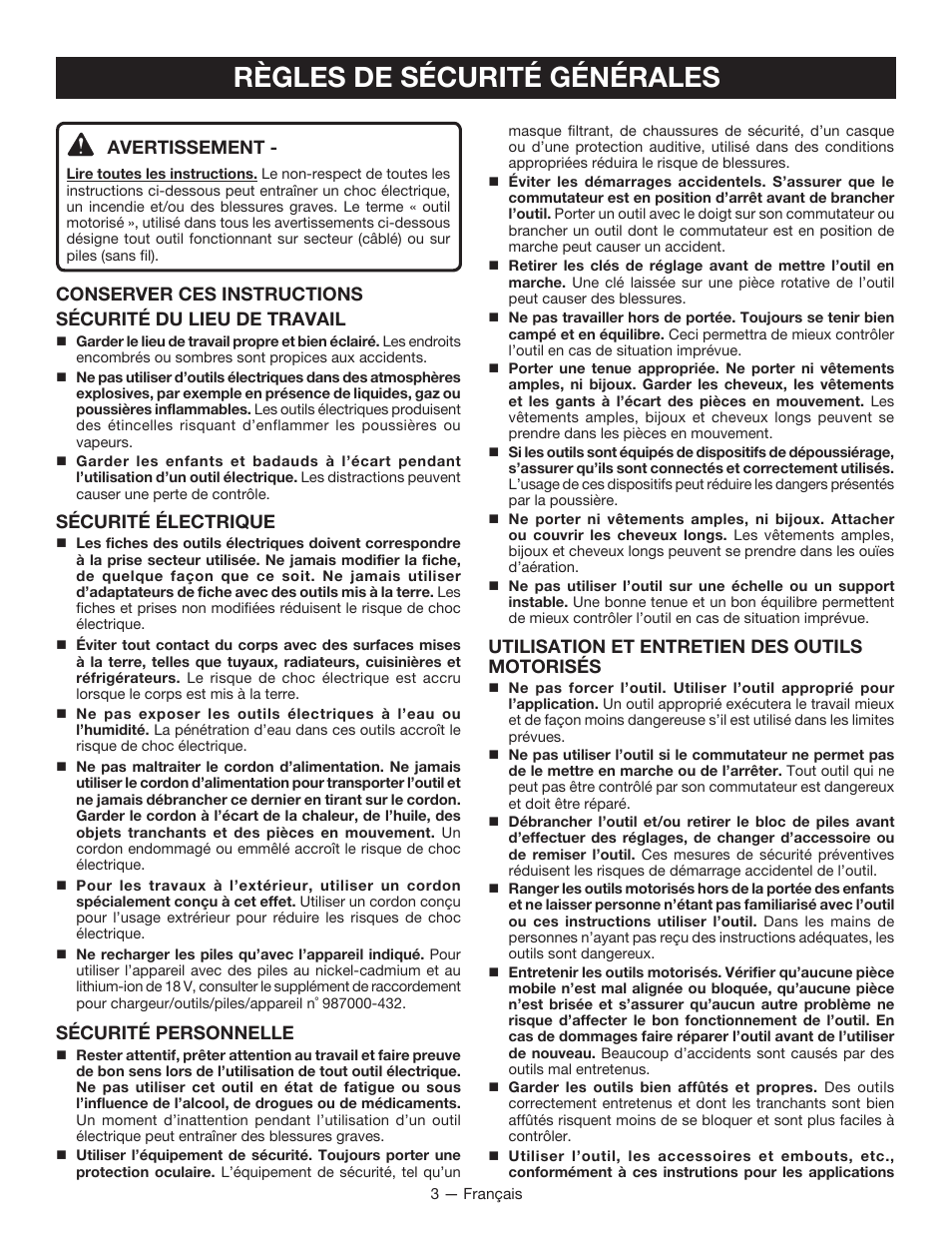 Règles de sécurité générales, Avertissement, Sécurité électrique | Sécurité personnelle, Utilisation et entretien des outils motorisés | Ryobi P212B User Manual | Page 14 / 40