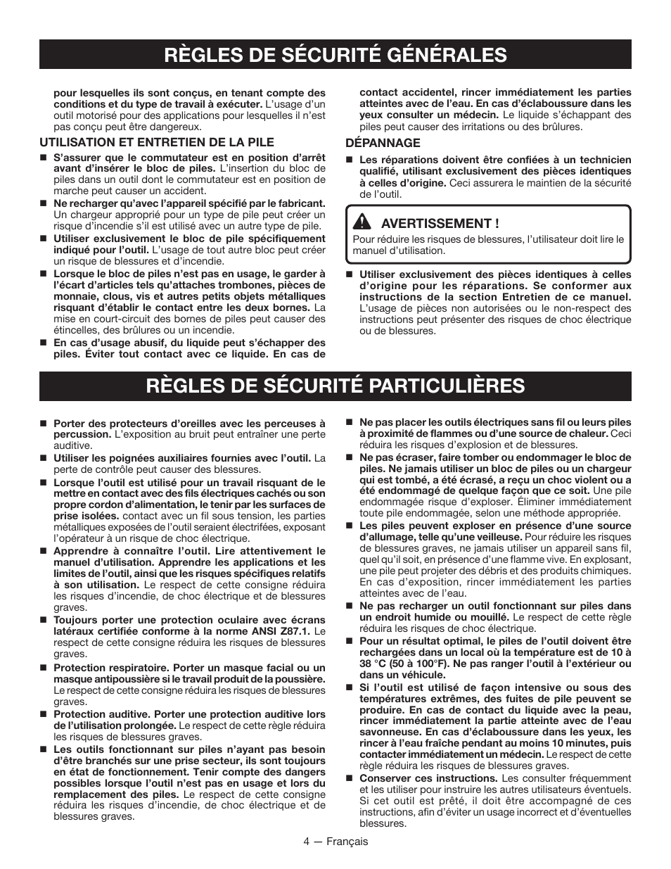 Avertissement | Ryobi P212B User Manual | Page 15 / 40