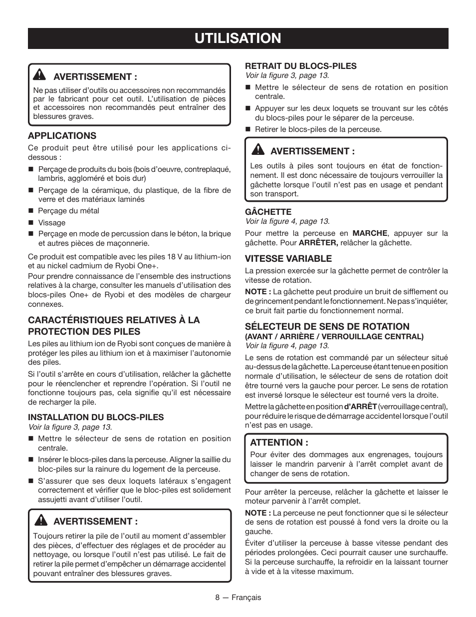 Utilisation | Ryobi P212B User Manual | Page 19 / 40