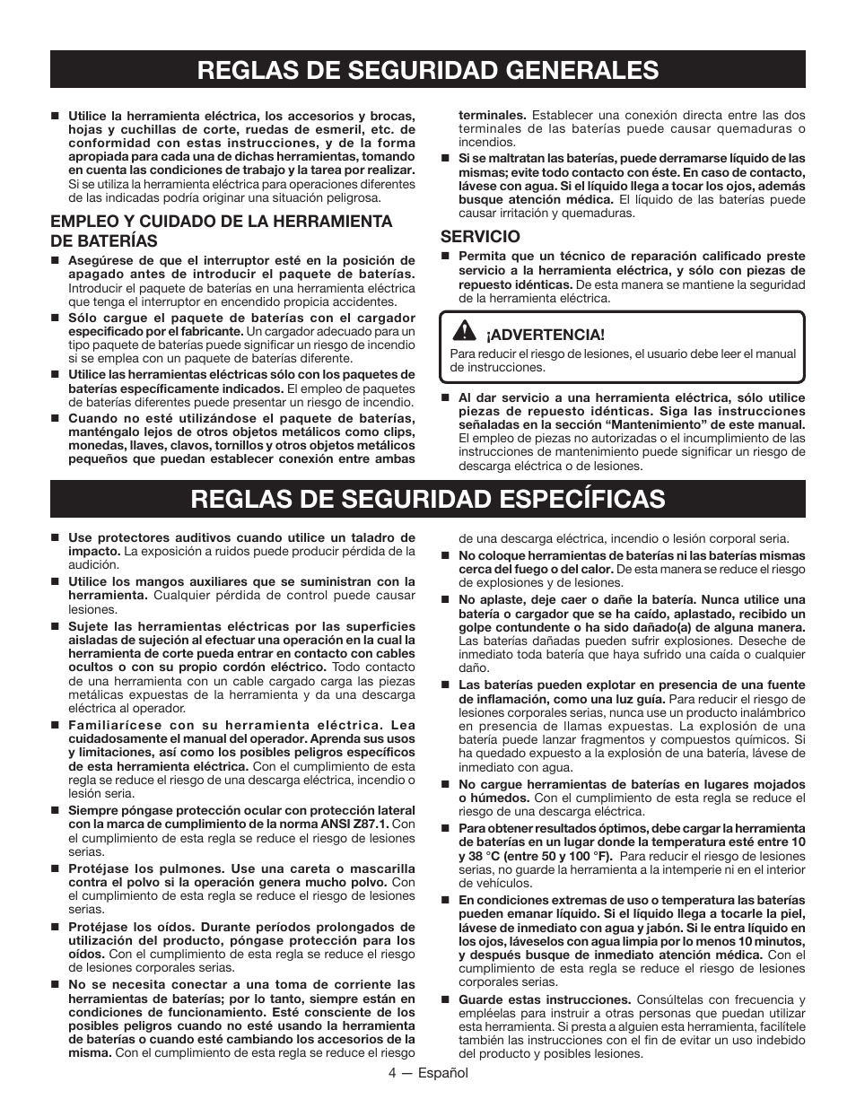 Empleo y cuidado de la herramienta de baterías, Servicio | Ryobi P212B User Manual | Page 26 / 40