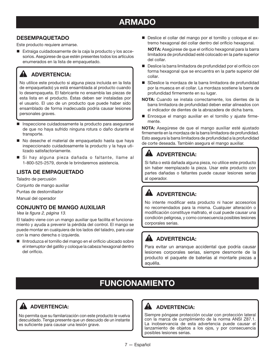 Armado, Funcionamiento | Ryobi P212B User Manual | Page 29 / 40